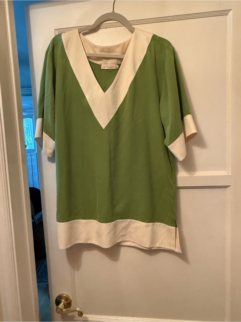 Tory Burch Green Blouse with Cream V-Neck and Trim